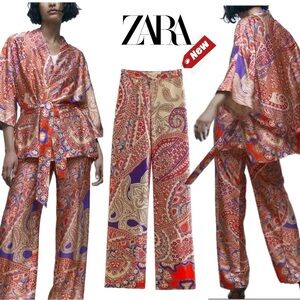 Zara satin effect paisley print red cream purple pyjama pants Sz XS NWT